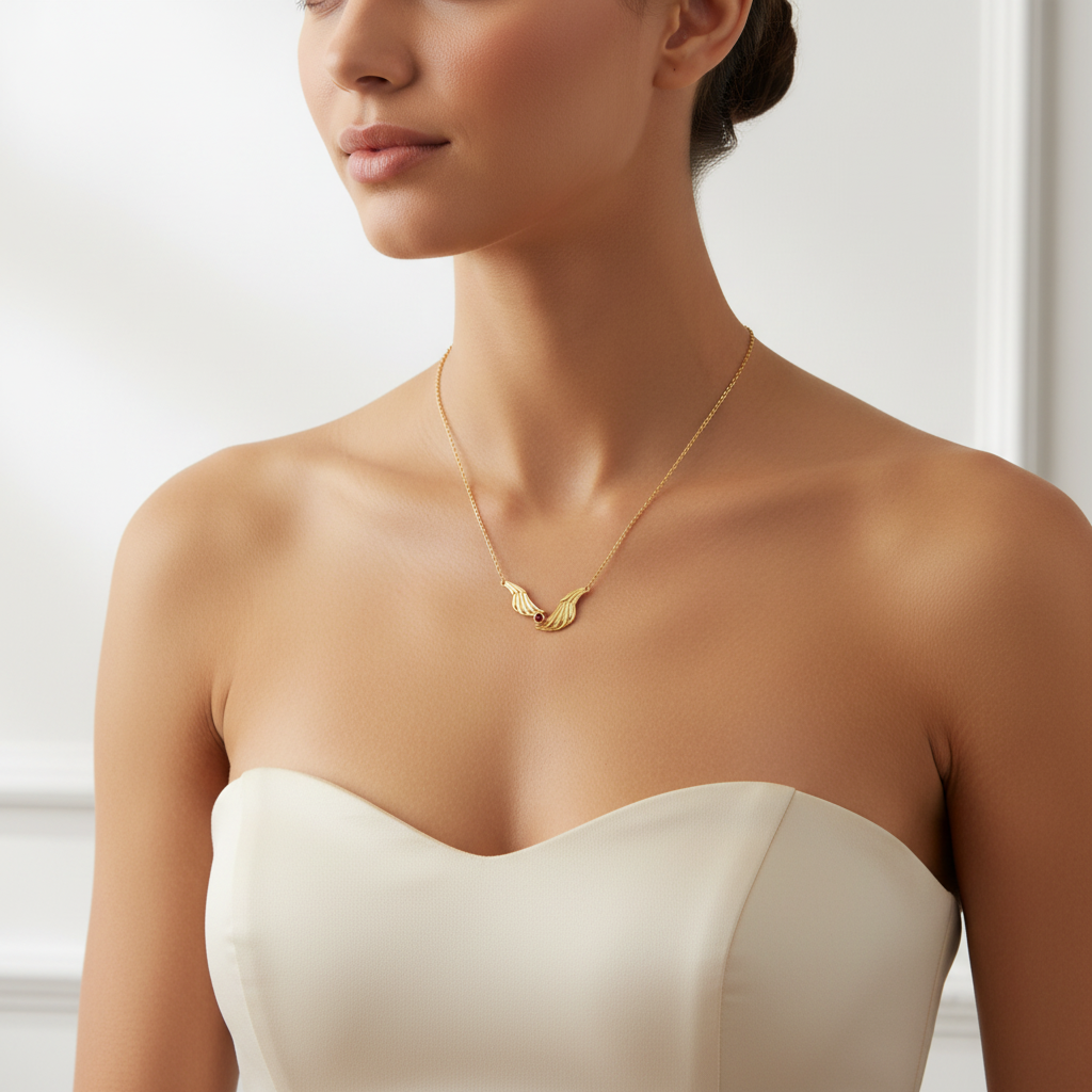 Woman wearing a gold necklace with a delicate pendant against a neutral background