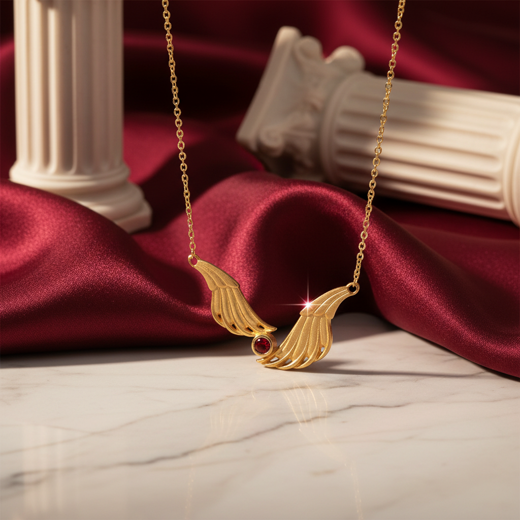 Gold necklace with a winged pendant on a red fabric background