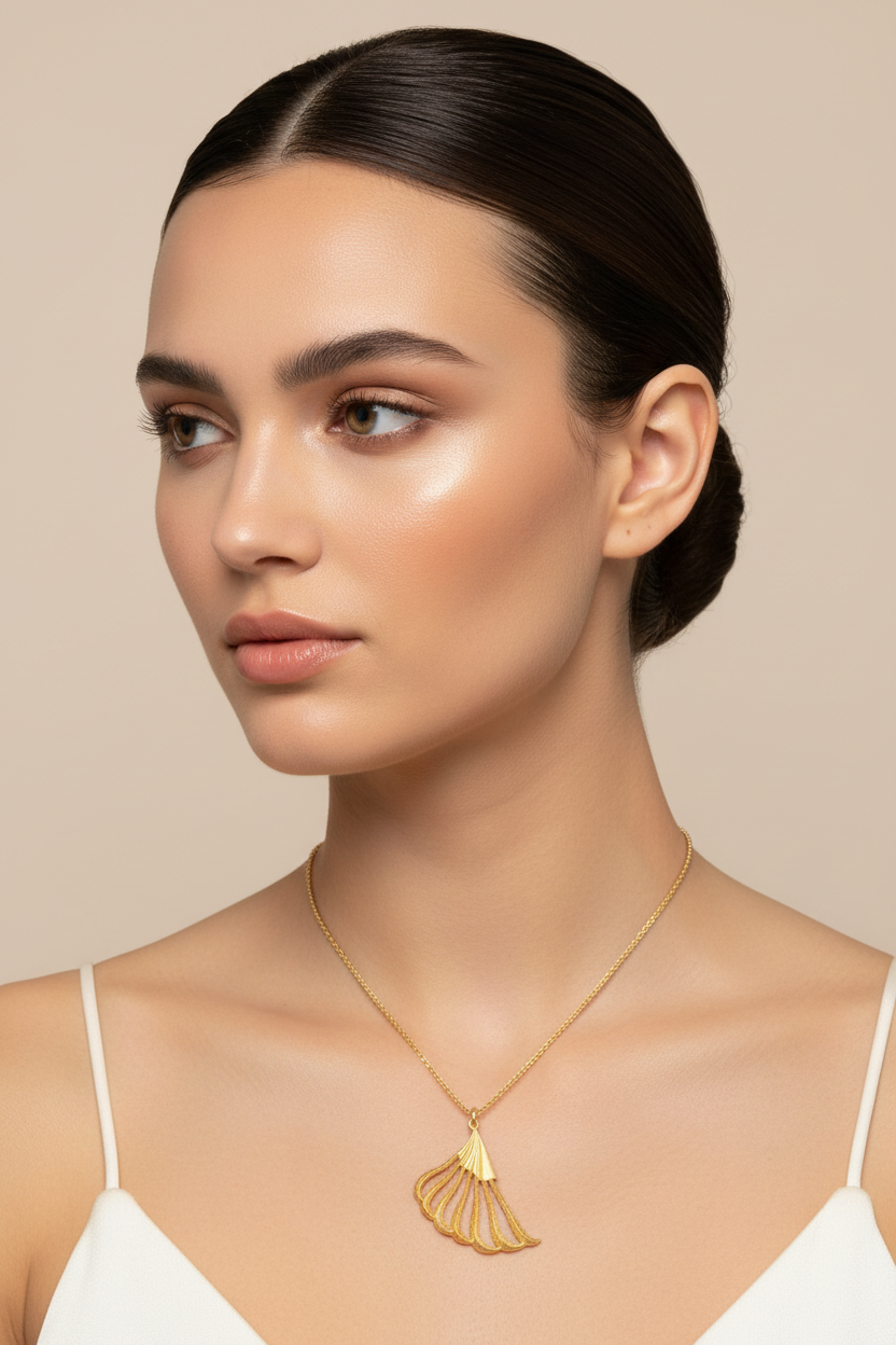 Woman wearing a gold necklace against a beige background