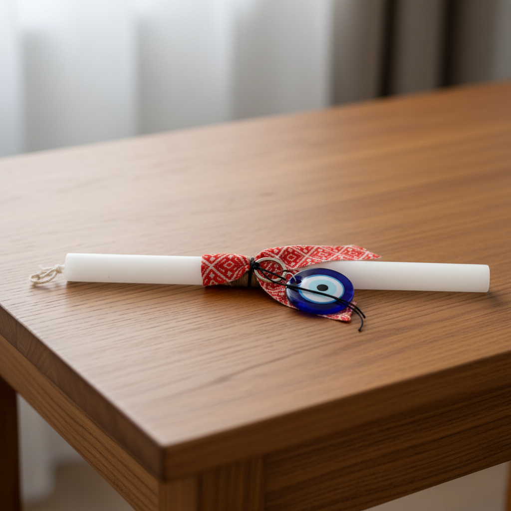 White candle with decorative ribbons and an evil eye charm on a wooden surface