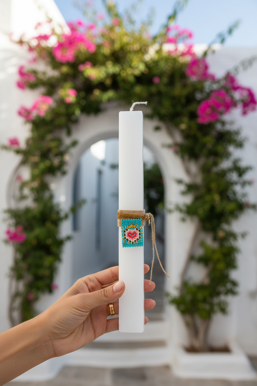 Hand holding a white candle with decorative band against a floral archway.