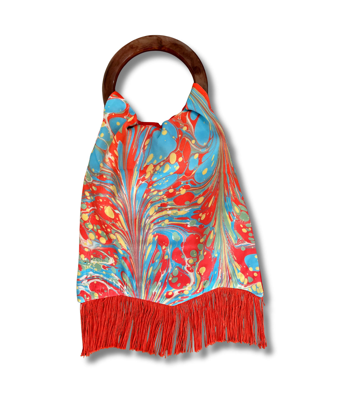Colorful marbled scarf with red fringe on a wooden hanger against a white background