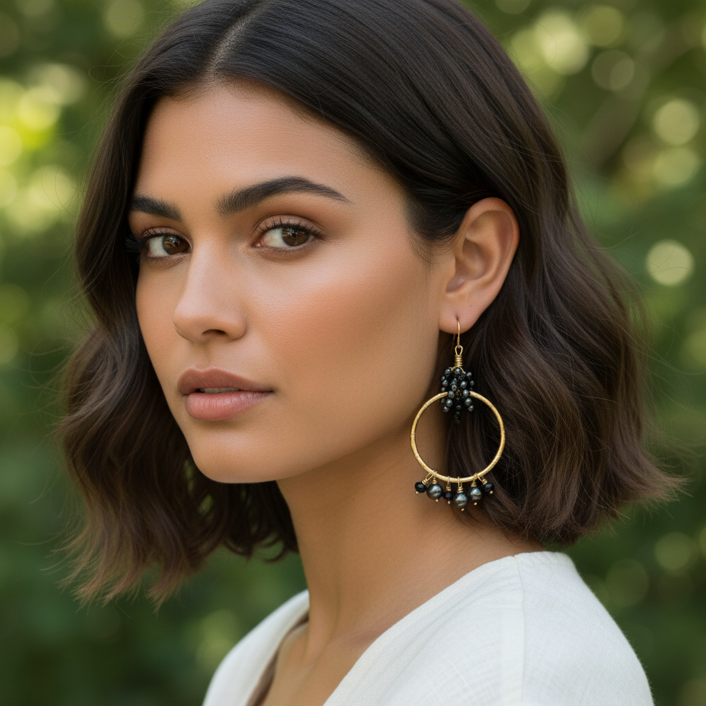 Woman wearing gold hoop earrings with black beads against a blurred green background