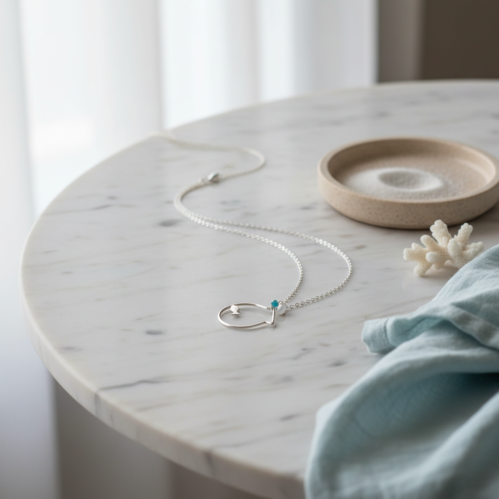 Silver necklace with a blue pendant on a marble surface with a light blue towel and small dish.