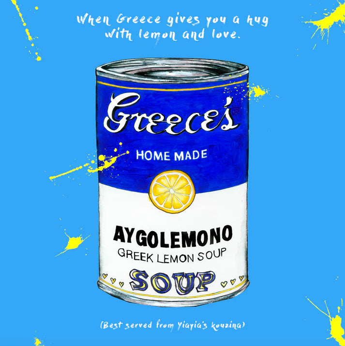 Can of Greek lemon soup with text on a blue background