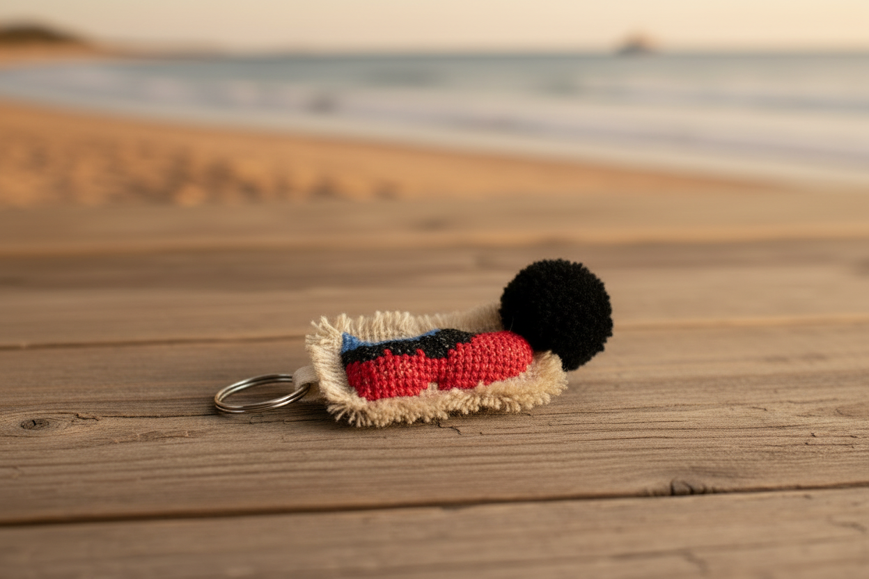 Handmade keychain with colorful design on a wooden surface with a blurred natural background