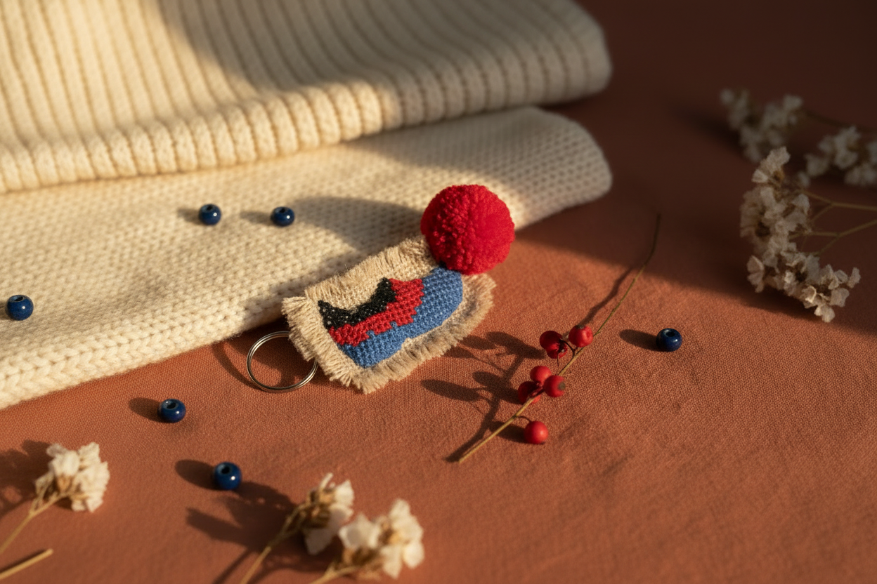Textile item with a decorative brooch featuring a face design on a brown surface with dried flowers.