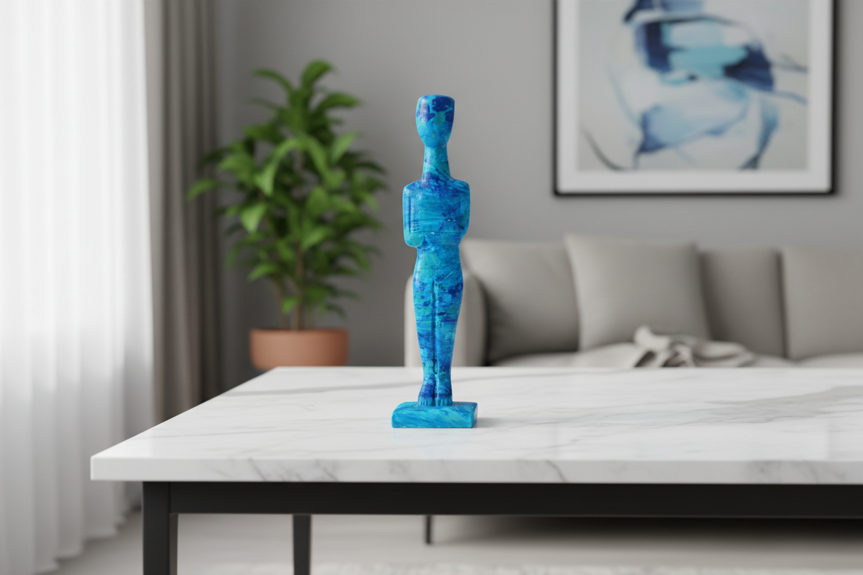 Blue abstract sculpture on a marble surface