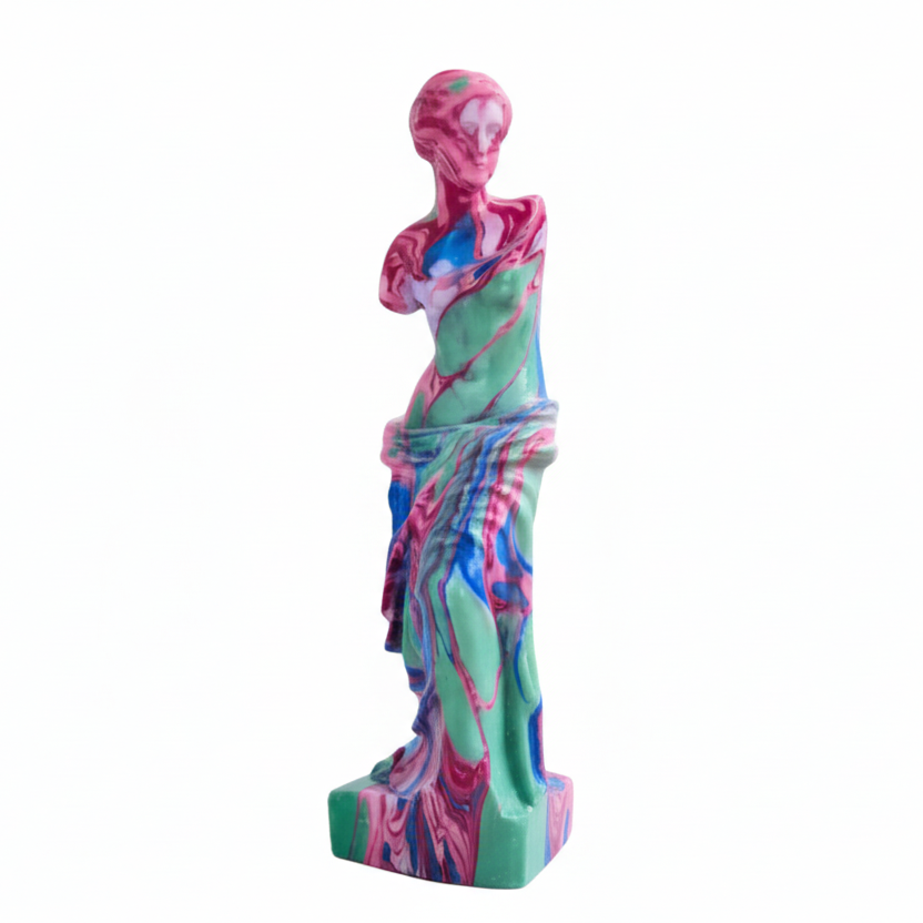 Colorful tie-dye sculpture of a classical statue on a white background