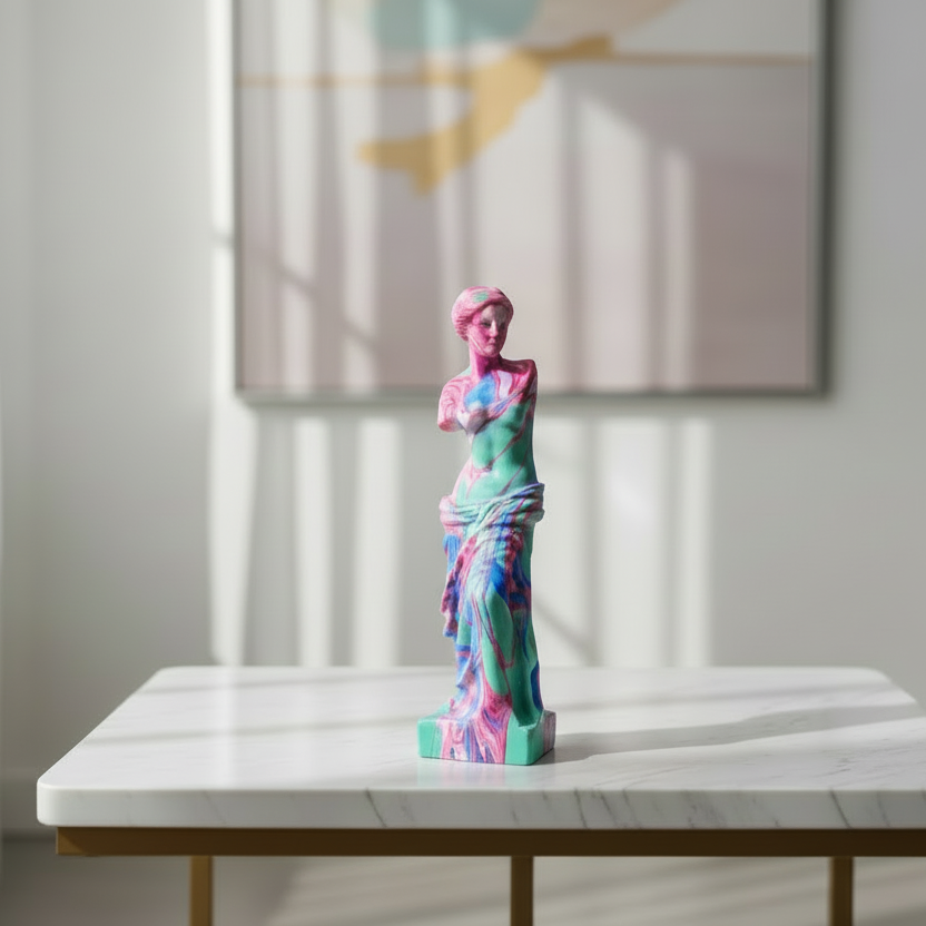 Colorful figurine on a marble table with a blurred background