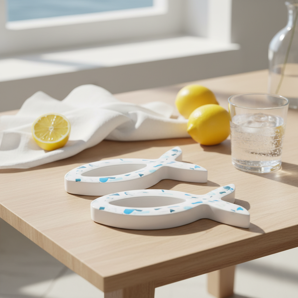 Two white fish-shaped trays on a wooden table with lemons and a glass of water.