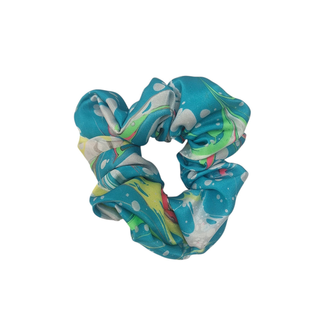 Colorful scrunchie with a marble pattern on a white background