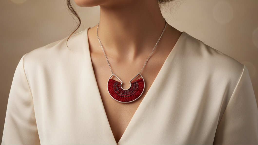 Red necklace with a unique design worn by a person in a white outfit against a beige background