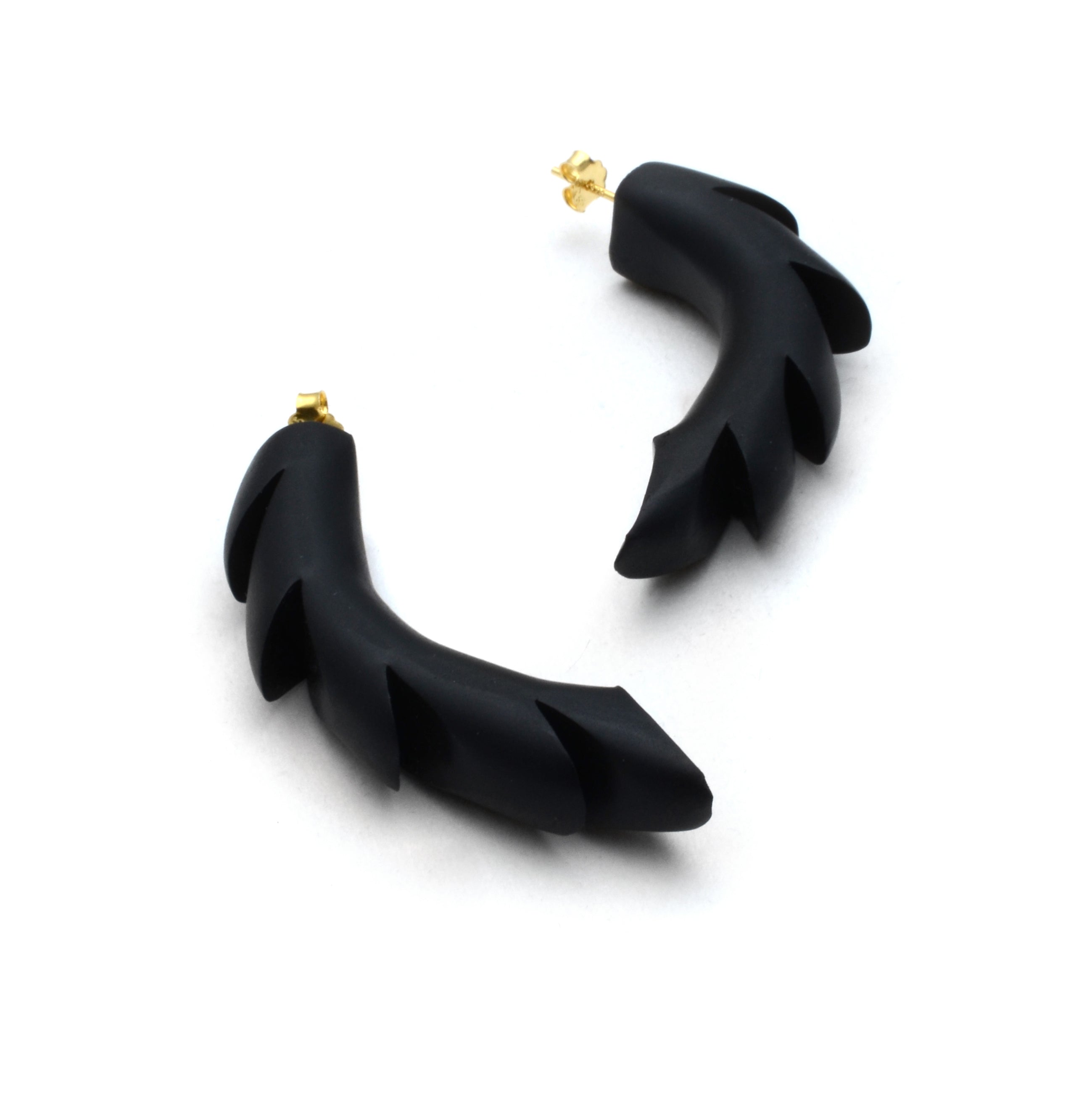 Black leaf-shaped earrings on a white background