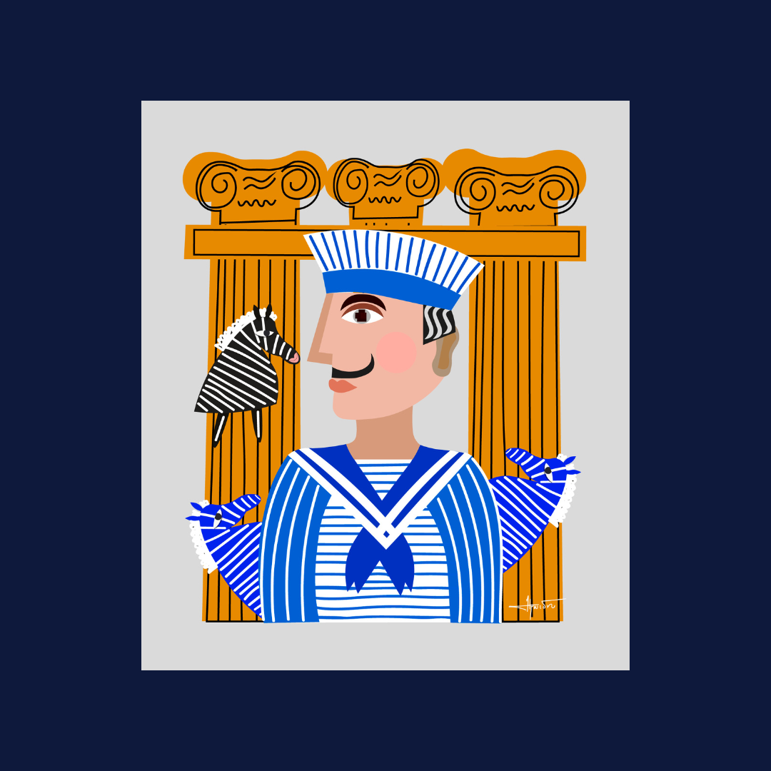 A vibrant artwork print depicting a classic striped sailor in front of bold Ionic columns with whimsical striped animals, in a playful and colorful illustration.