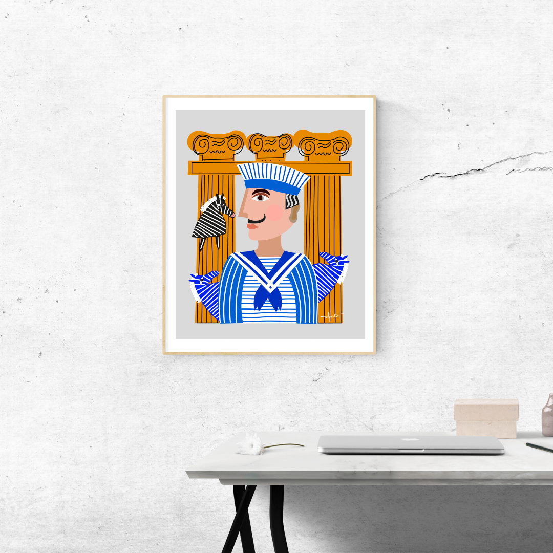 Framed artwork of a character in a blue outfit with a white frame on a white wall.