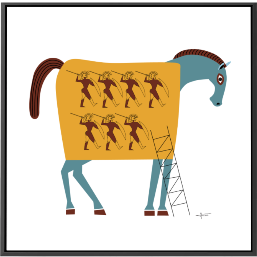 Colorful illustration of a horse with a shield and ladder, featuring a stylized warrior design.