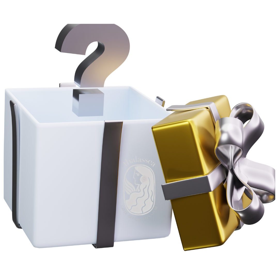 White gift box with a gold present and silver ribbon on a white background