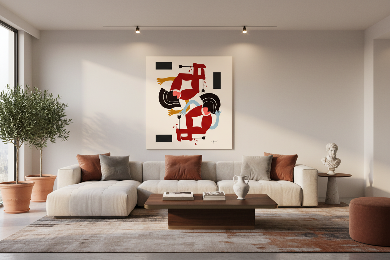 Modern living room with a white sofa, abstract painting, and decorative items.
