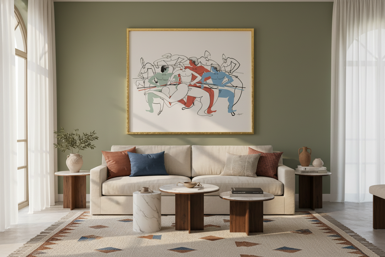 Living room with a beige sofa, colorful abstract painting, and decorative items.
