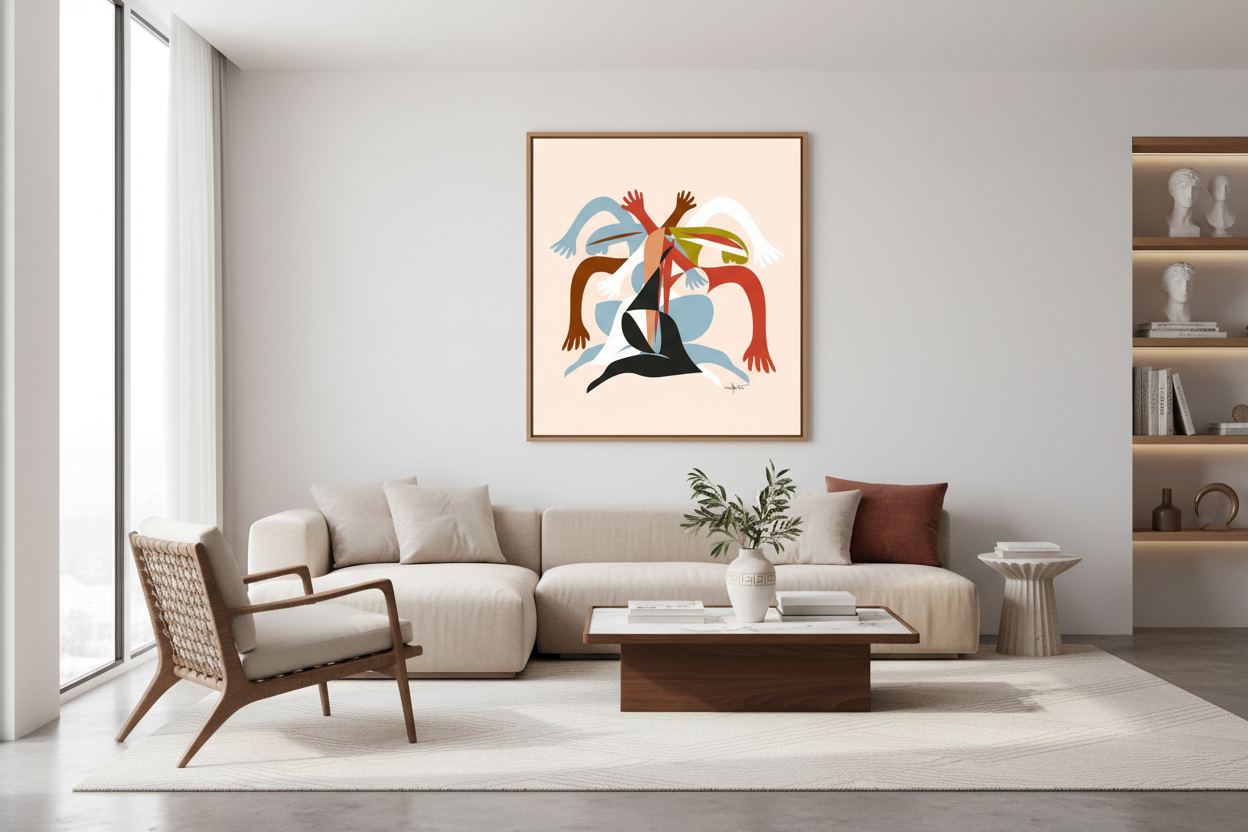 Modern living room with a beige sofa, wicker chair, and abstract art on the wall.