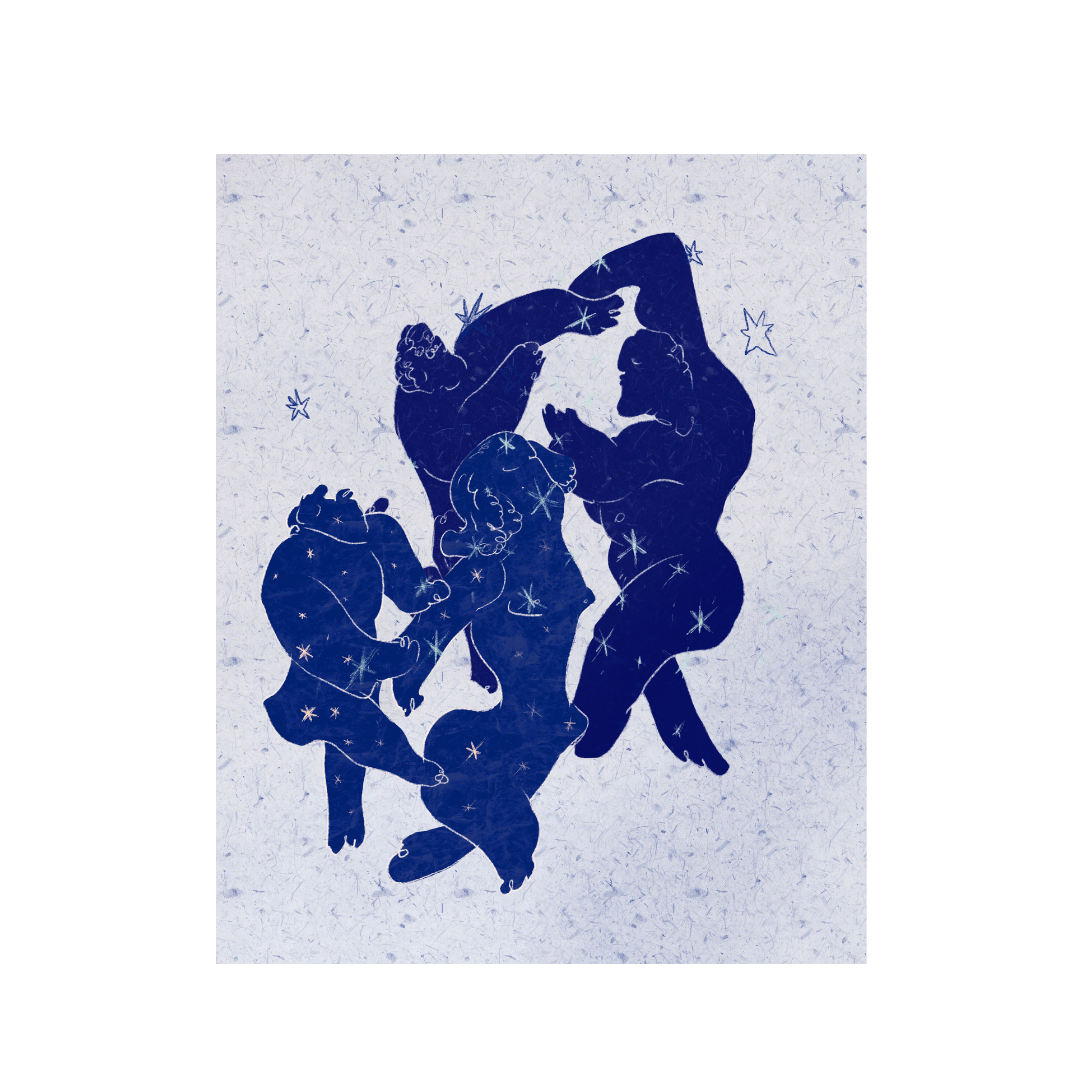 Blue silhouette of a family of bears on a textured white background