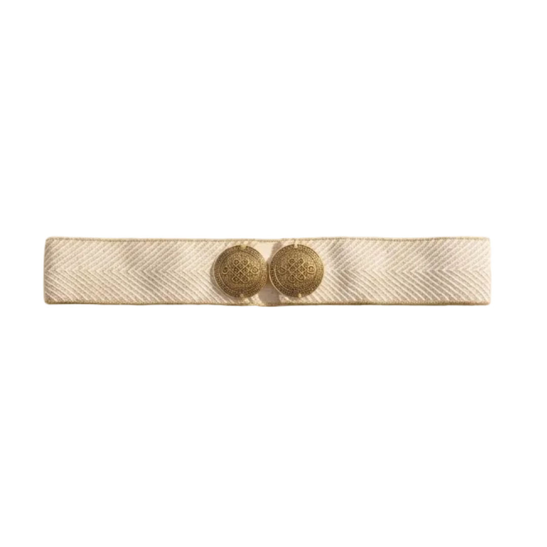 White Aurelia Knot Belt by Tzave Designs – white woven stretch belt with twin gold-tone woven-knot clasp