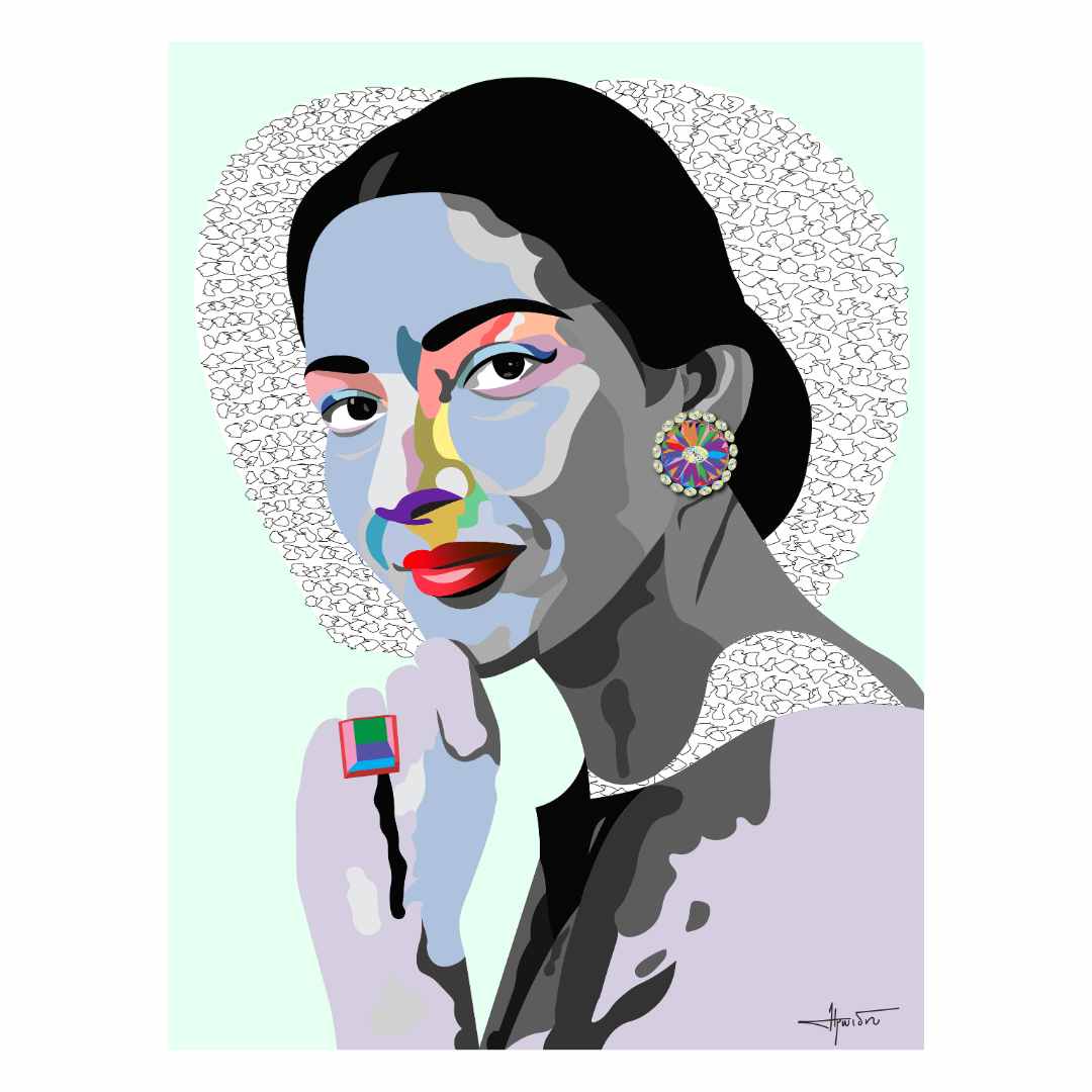 A stylized portrait wall art of Maria Callas with a modern abstract twist, featuring geometric shapes and a split-tone color scheme.