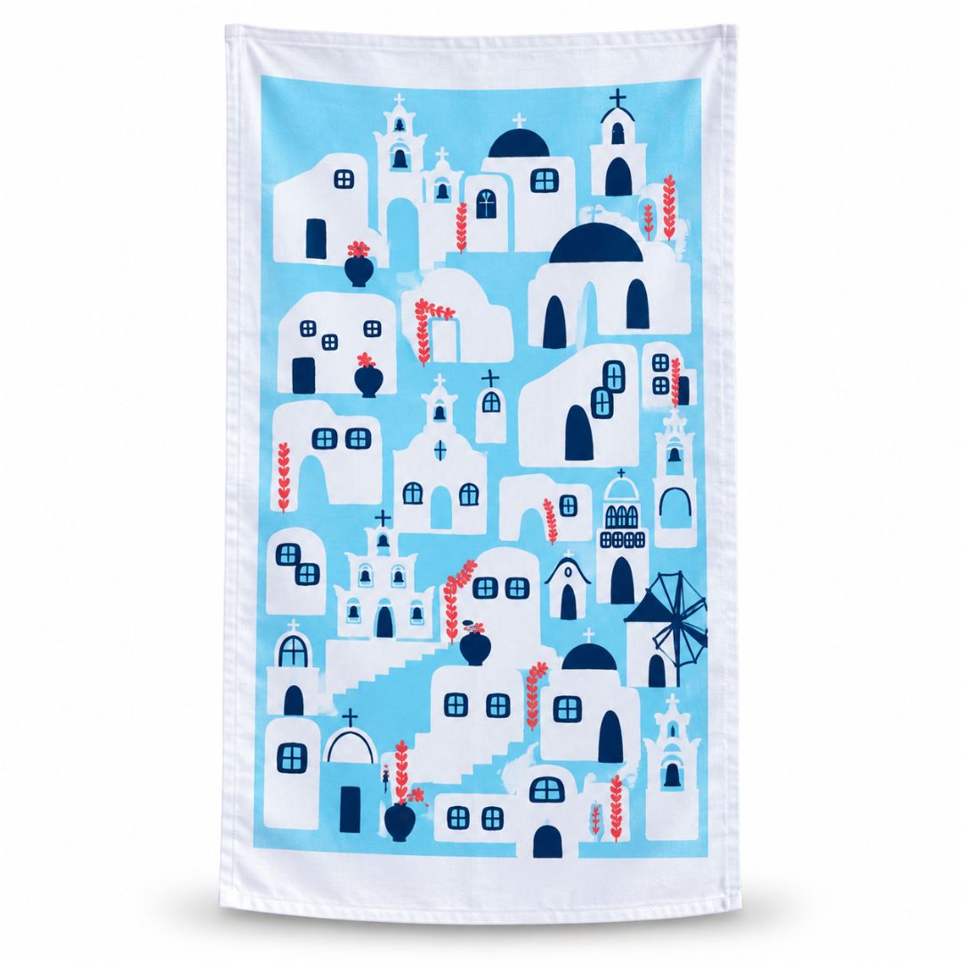 Greek Island Cotton Tea Towel – screen-printed Greek island village design in aqua and white, front view | Thalassea