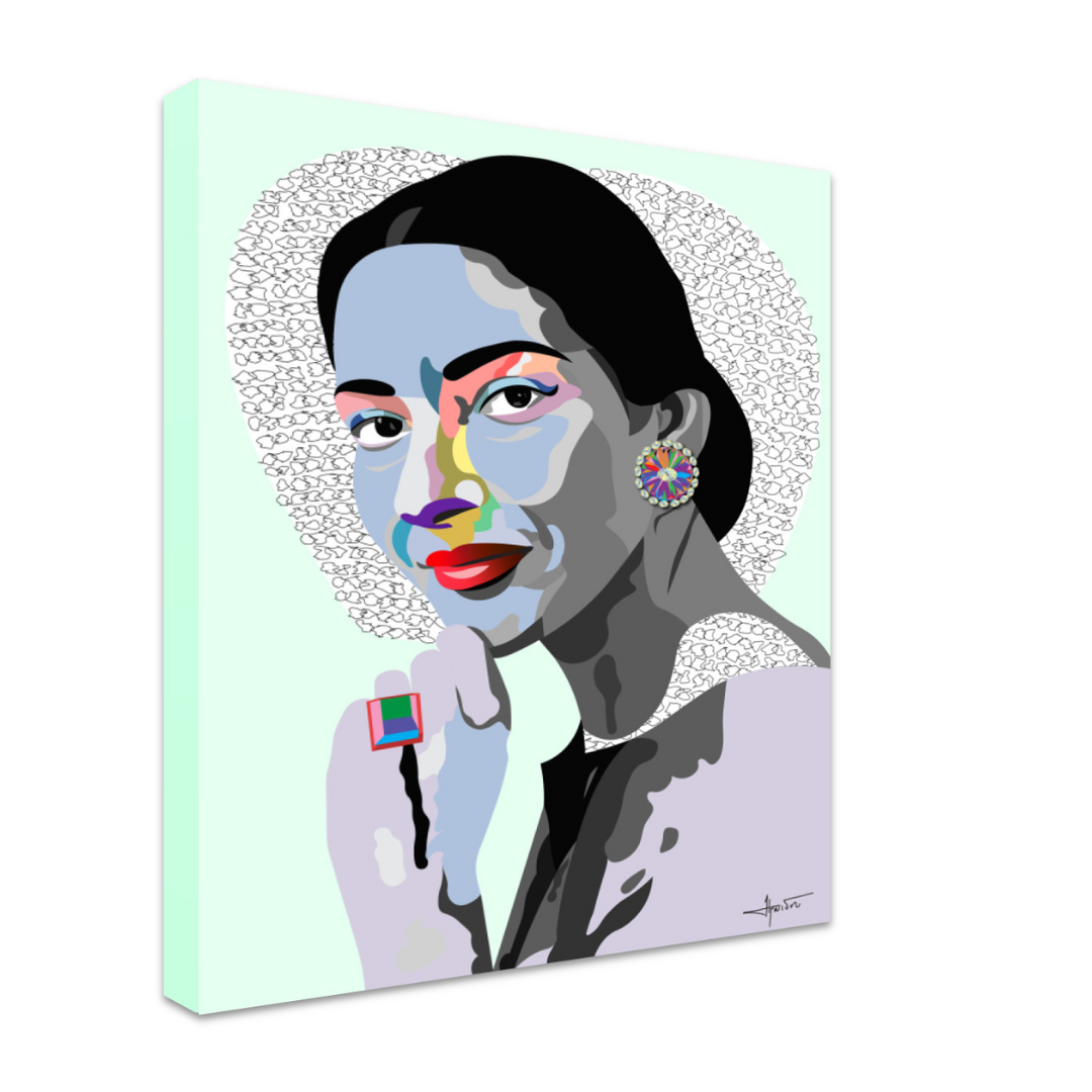 Canvas print of a stylized portrait with colorful makeup on a light green background