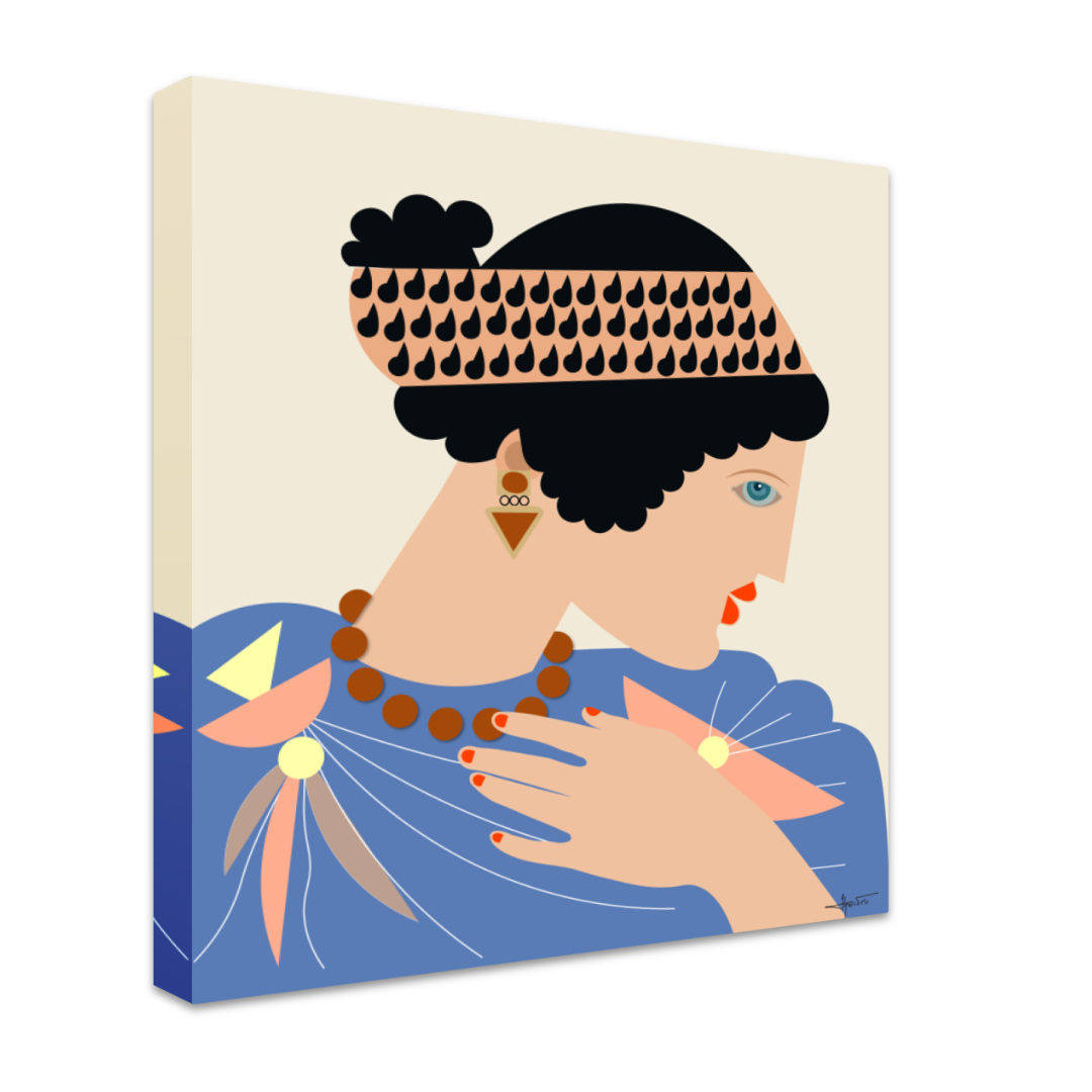 Canvas print of a stylized illustration of a woman with decorative headpiece on a beige background