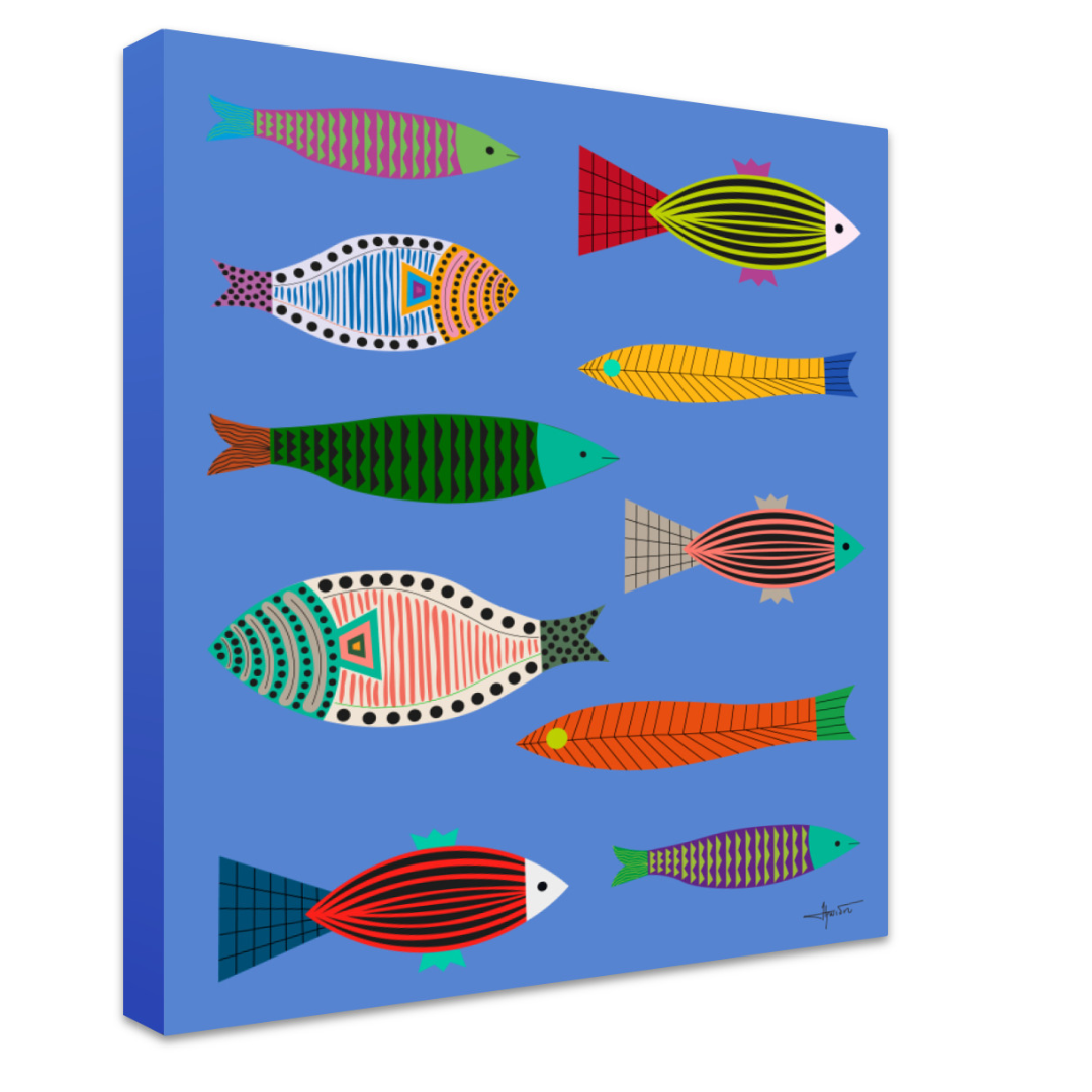 Canvas print with colorful fish illustrations on a blue background