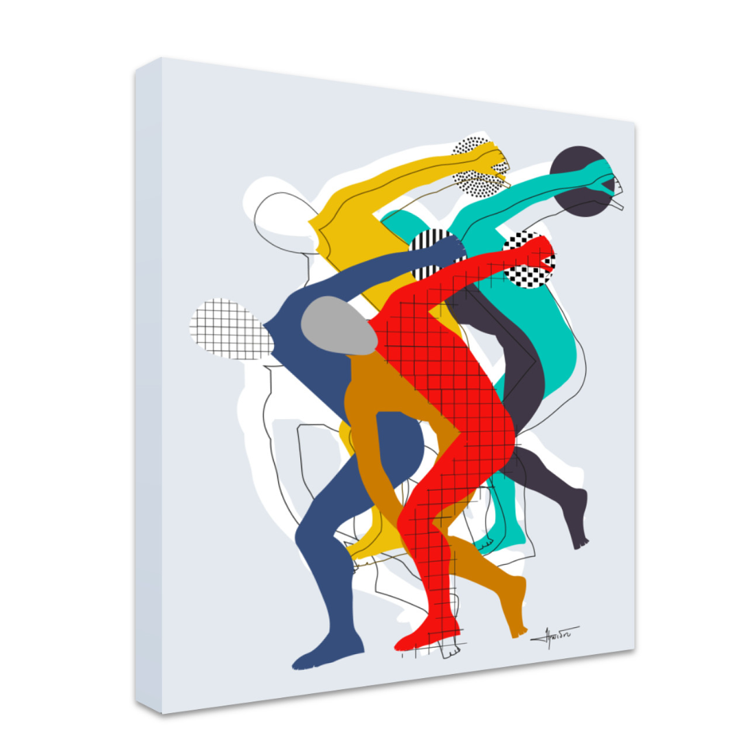 Abstract artwork of colorful figures on a white background