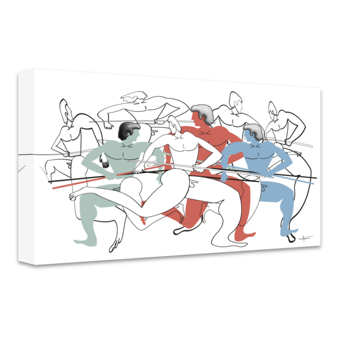 Artistic depiction of multiple figures in various poses with a minimal color scheme.