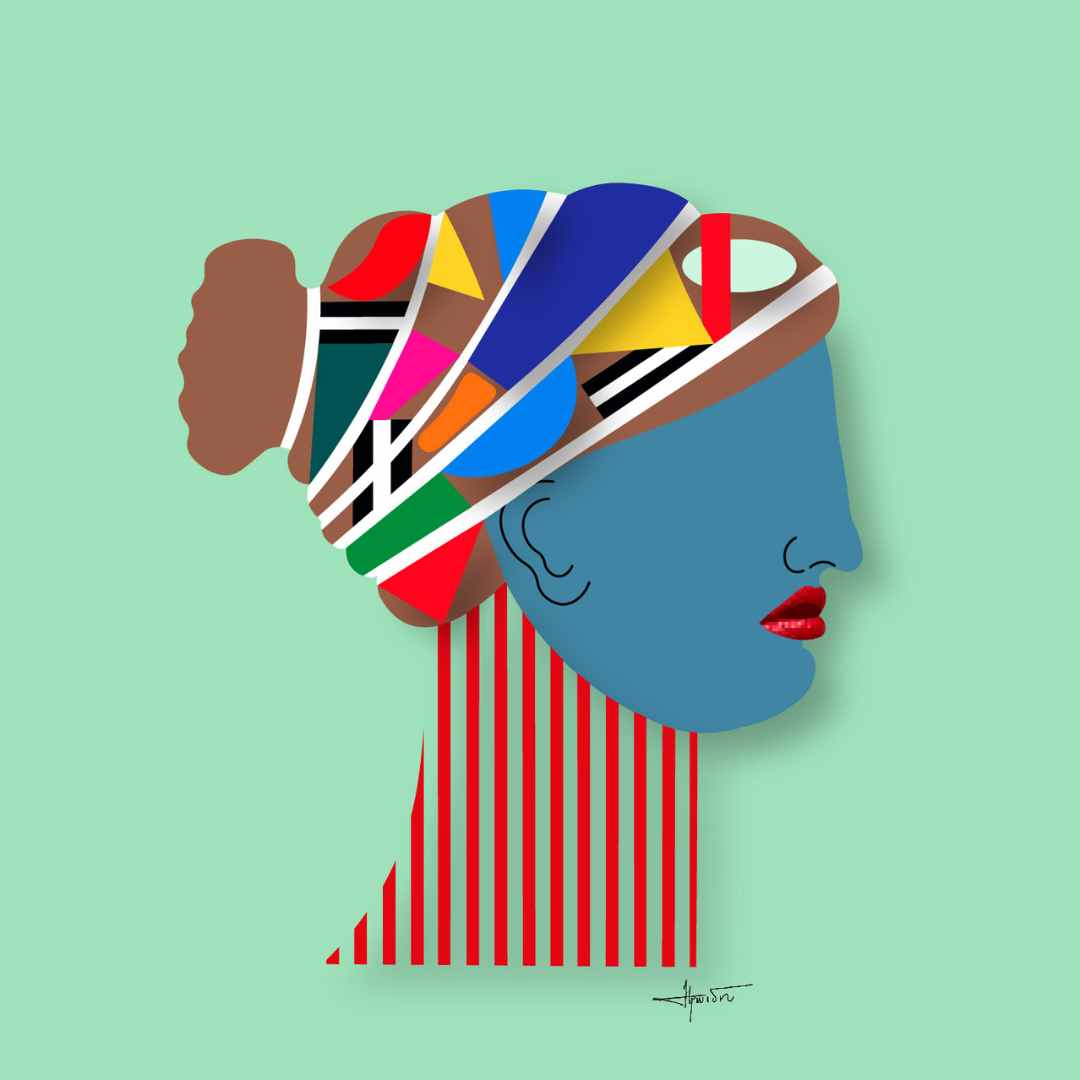 A colorful abstract plexiglass artwork featuring geometric patterns and a stylized female figure with a prominent forehead and striped lips.