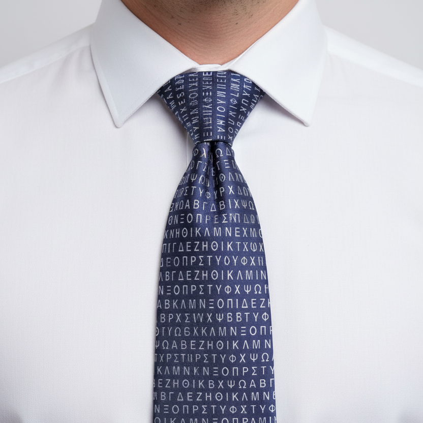 Navy blue tie with white letter pattern worn by a person in a white shirt.