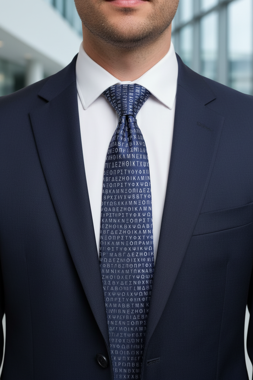 Man wearing a dark suit and patterned tie in an urban setting