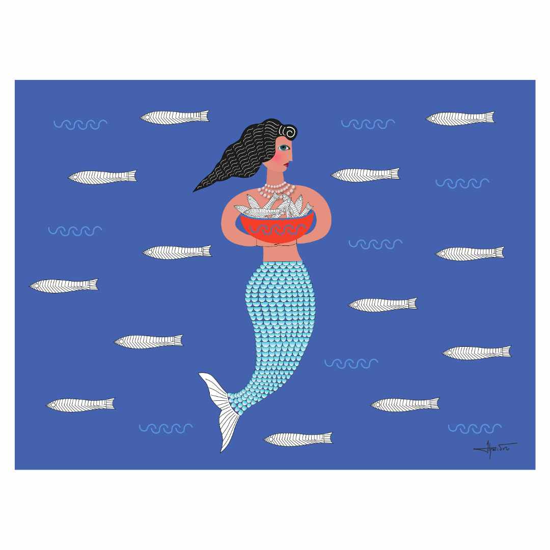 A whimsical art print featuring a mermaid surrounded by fish against a blue background.