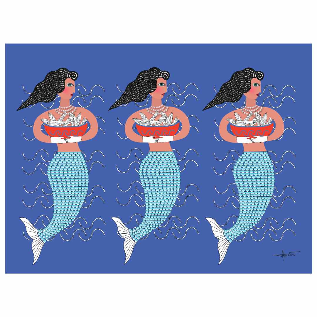 A stylized illustration of three mermaids with blue tails and a white and blue textured top, presented against a blue background.