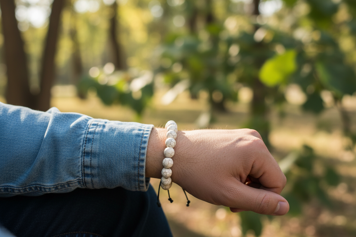 Hand wearing a beaded bracelet with a blurred natural background