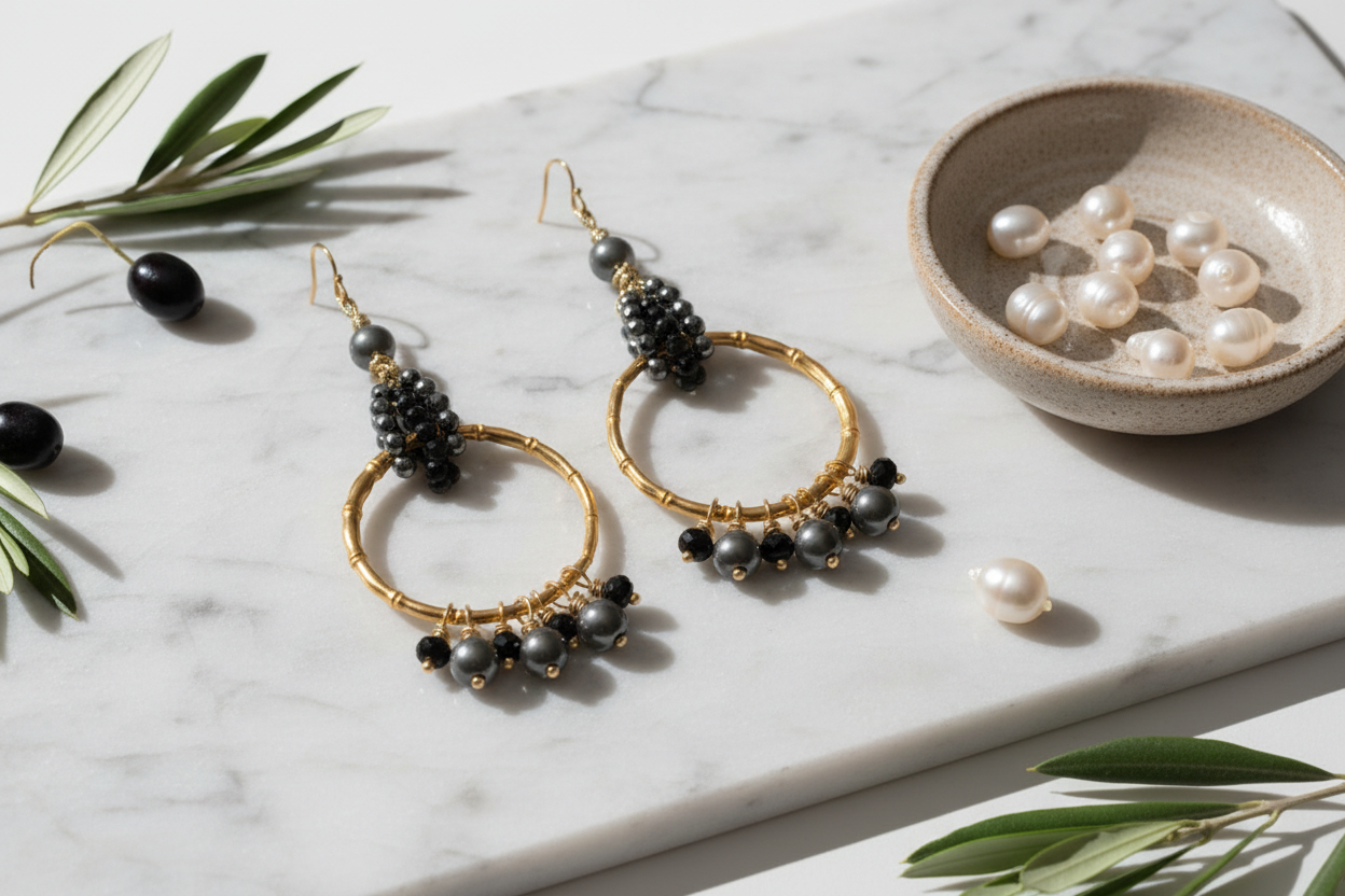 Gold hoop earrings with black and gray beads on a marble surface with pearls and olive branches.
