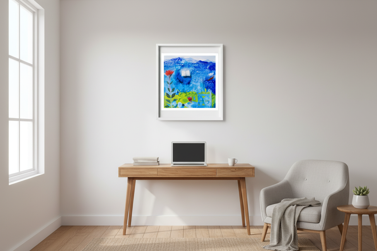 Modern home office with a desk, chair, and framed artwork on the wall.