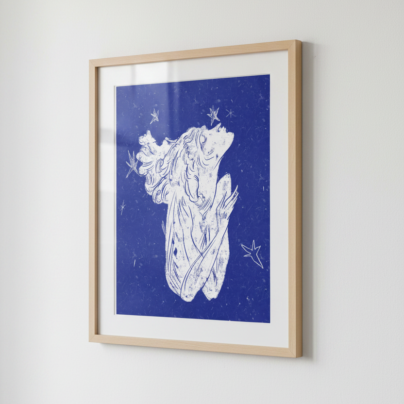 White silhouette of a lion on a blue background with star decorations
