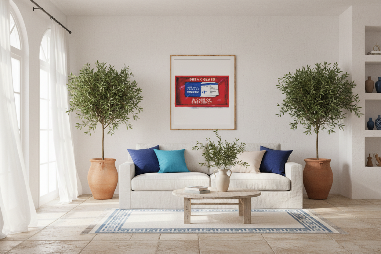 Living room with a white sofa, blue cushions, and decorative plants.