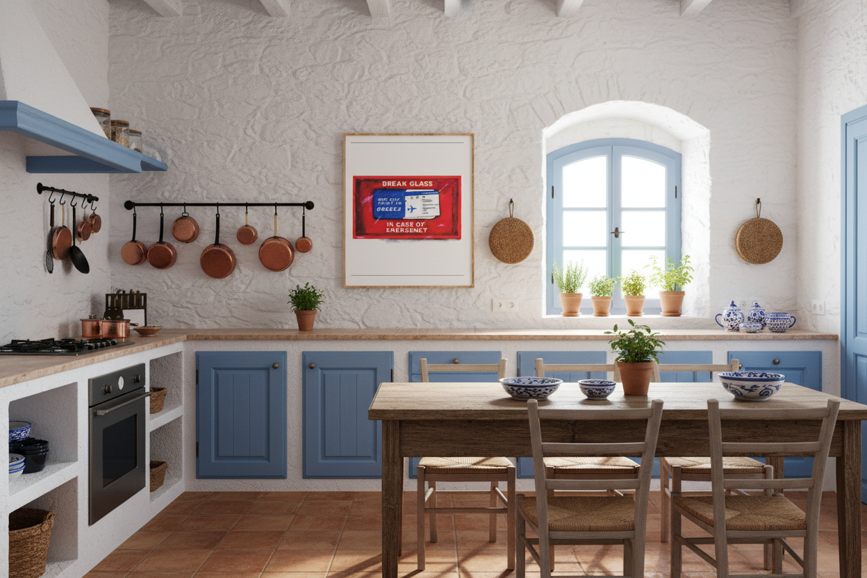 Modern kitchen with blue cabinets, wooden table, and various kitchen items.