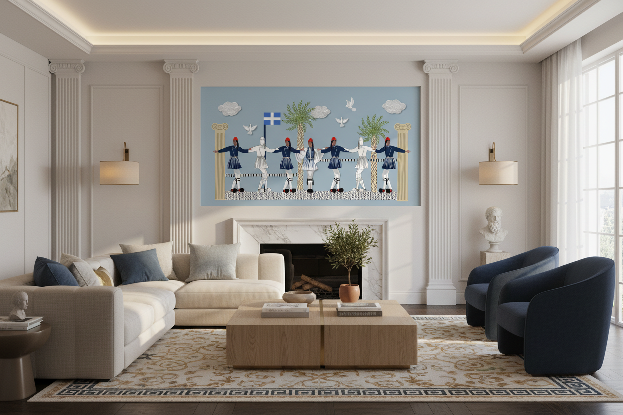 Modern living room with a painting of people in uniform on the wall.