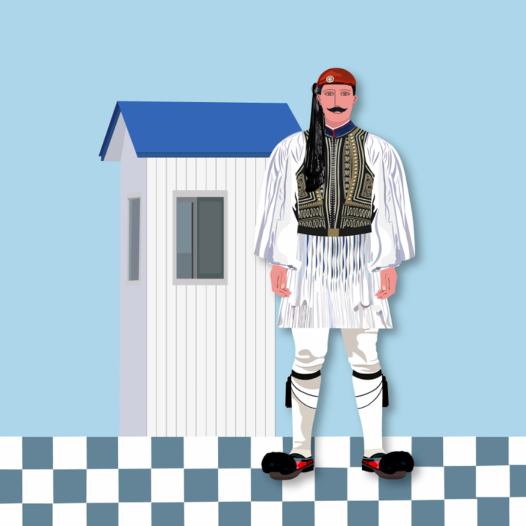 Traditional costume with a small house on a blue and white checkered background