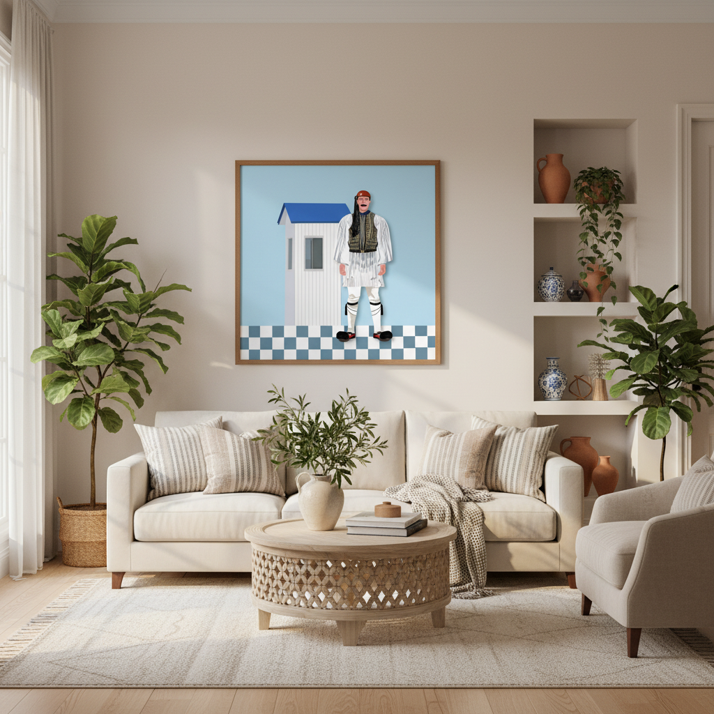 Living room with a couch, coffee table, and decorative items including a framed picture.