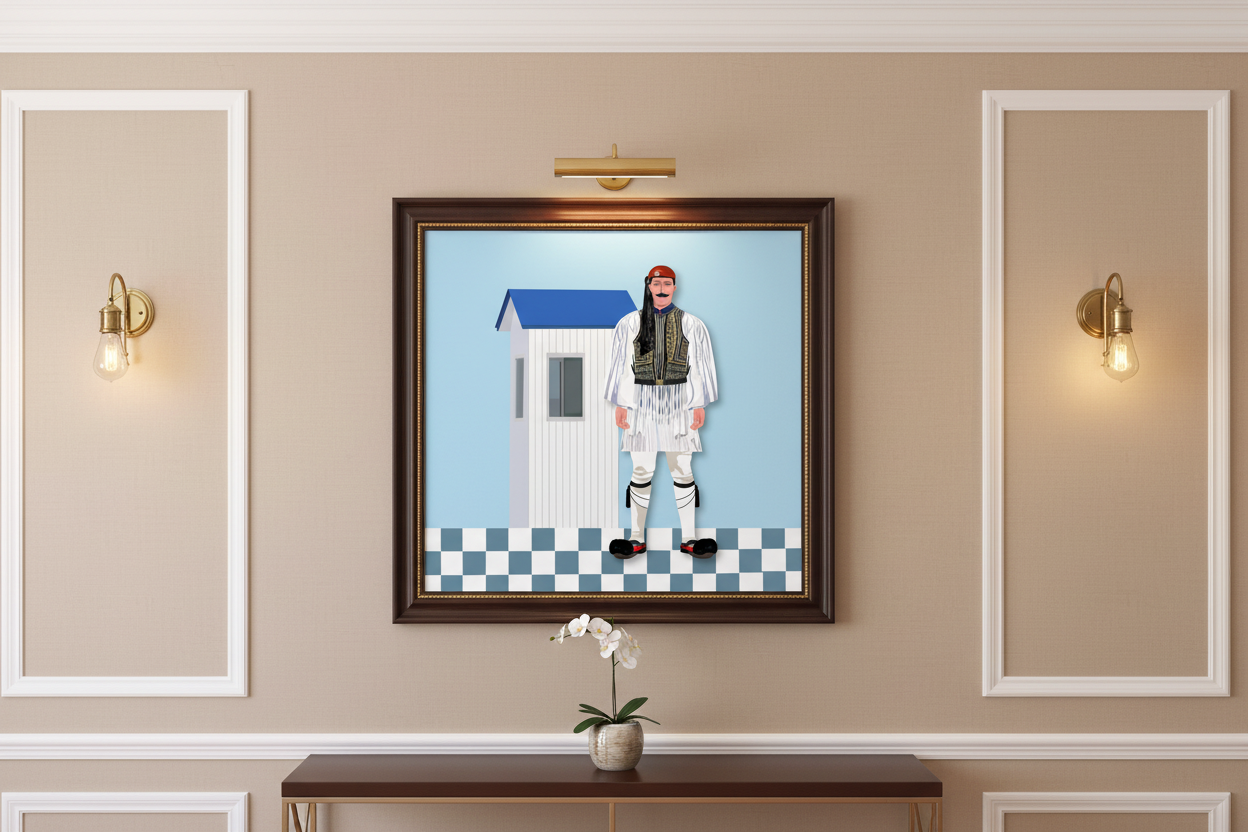 Framed artwork of a person in a uniform standing next to a small building on a wall with decorative lighting.