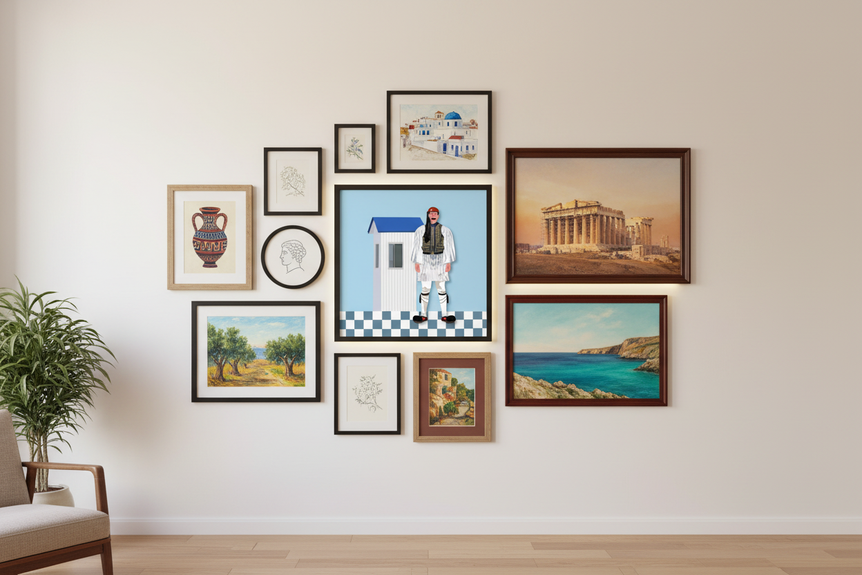 Wall with various framed pictures and a plant on a wooden floor.